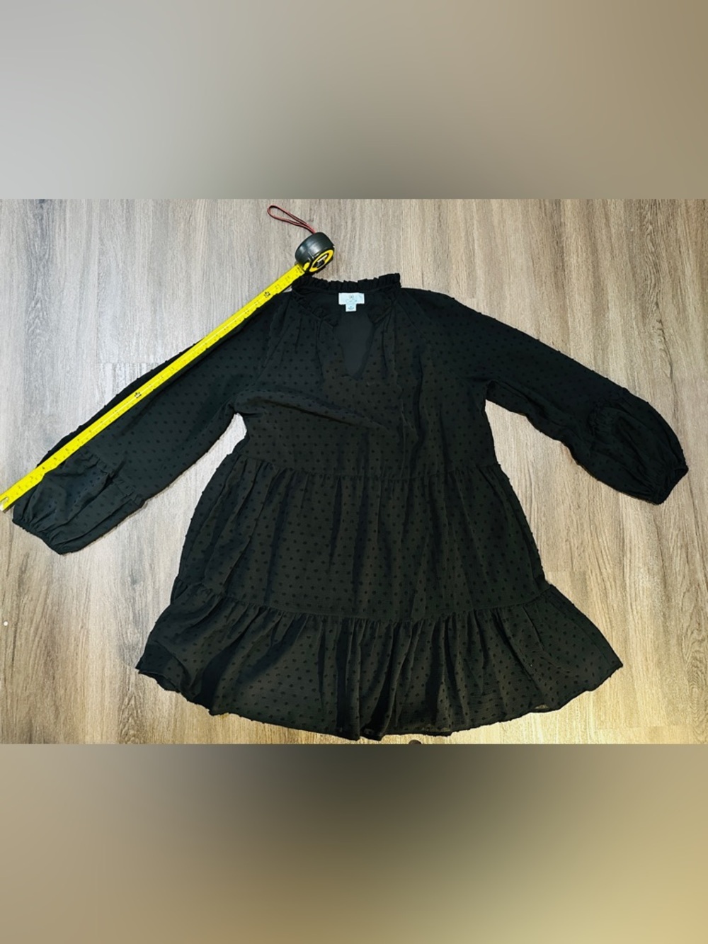 CeCe Black Swiss Dot Ruffle Tiered Mini Dress Size M Boho Long Sleeve Flowy - Picture 7 of 10